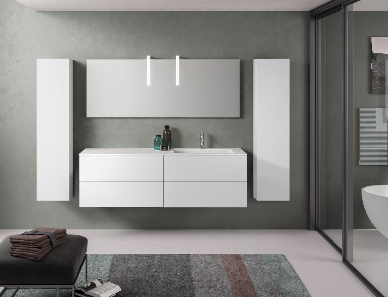 Mobile bagno minimal componibile bianco opaco con lavabo integrato