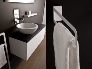 Sistema modulare mobili bagno con lavabo da appoggio rotondo, diametro 47 cm | Progetto Bagno