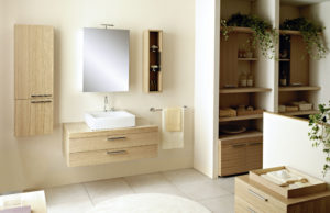 Soluzione di arredo bagno con base per lavabo d'appoggio 100 cm con due cassetti in rovere naturale | Progetto Bagno| Progetto Bagno