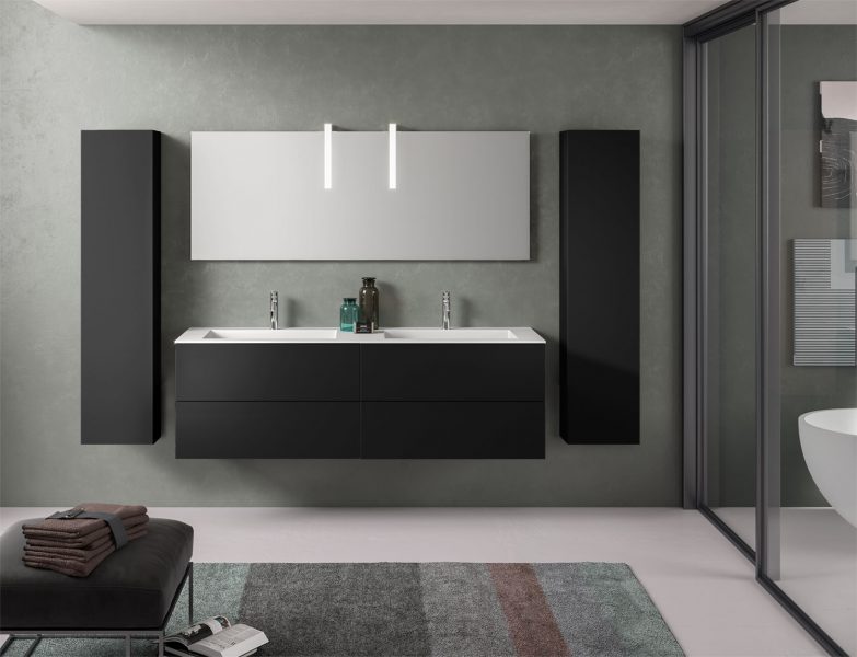 Mobile bagno minimal componibile laccato nero opaco con lavabo integrato