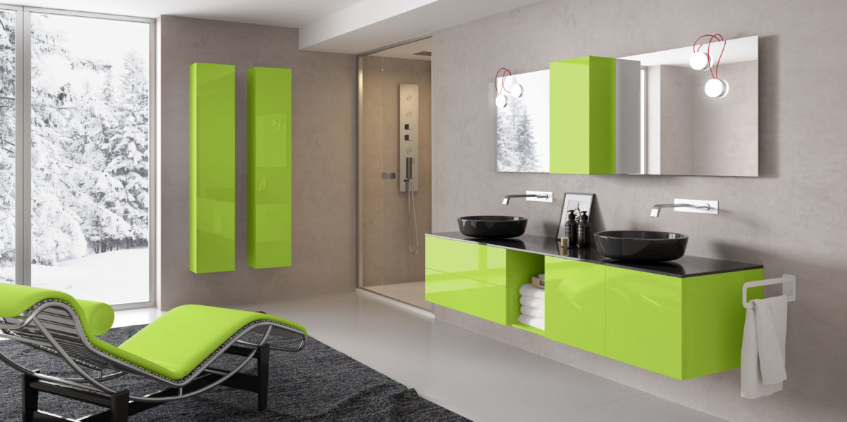 Mobile bagno componibile sospeso verde laccato con doppio lavabo da appoggio nero