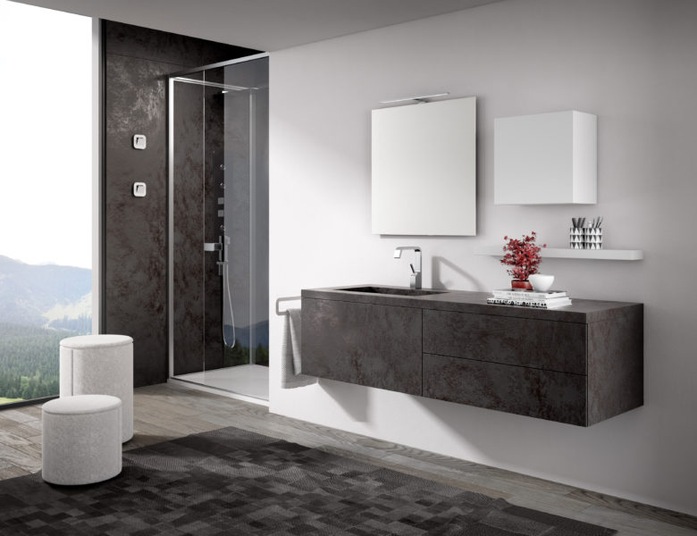 Mobile in laminam con vasca integrata e top bagno in gres porcellanato