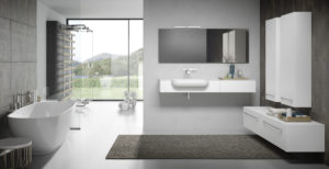 Soluzione di arredo bagno design minimal, con palestra e vasca free standing | Progetto Bagno