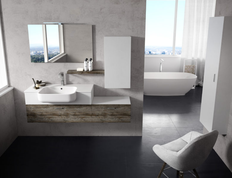 Composizione arredo bagno da 160 cm con lavello in ceramica da 101 cm | Progetto Bagno