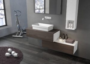 Arredo per bagno di design con mobili altezza 46 cm e lavabo da appoggio | Progetto Bagno