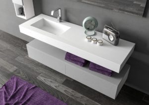 Top per arredo bagno design minimal in superficie materica 160 x 50 cm (altezza 12 cm) con lavabo integrato | Progetto Bagno