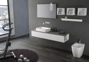 Mobili da bagno sospesi altezza 25 cm con top effetto legno Old Wood | Progetto Bagno