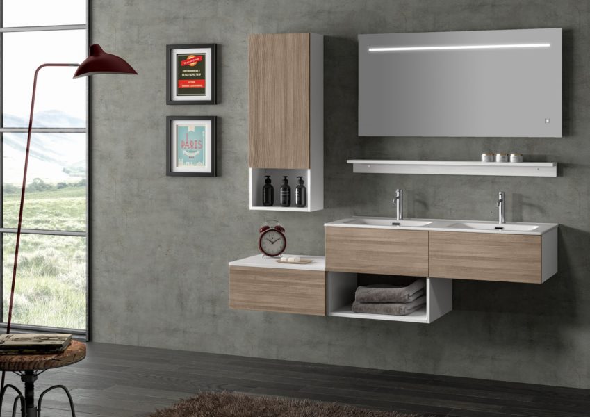 Proposta di mobili sospesi per bagno moderno in noce chiaro 105cm | Progetto Bagno