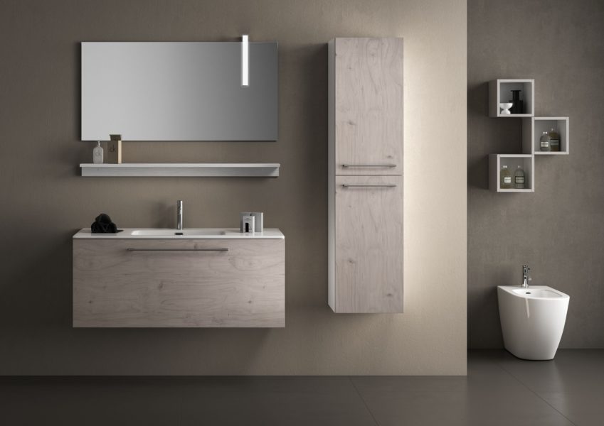 Mobile sospeso da bagno 120 cm e pensile altezza 105 effetto legno buckeye | Progetto Bagno