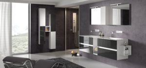 Composizione bagno di design con top 185cm in mineralmarmo e doppio lavabo integrato | Progetto Bagno
