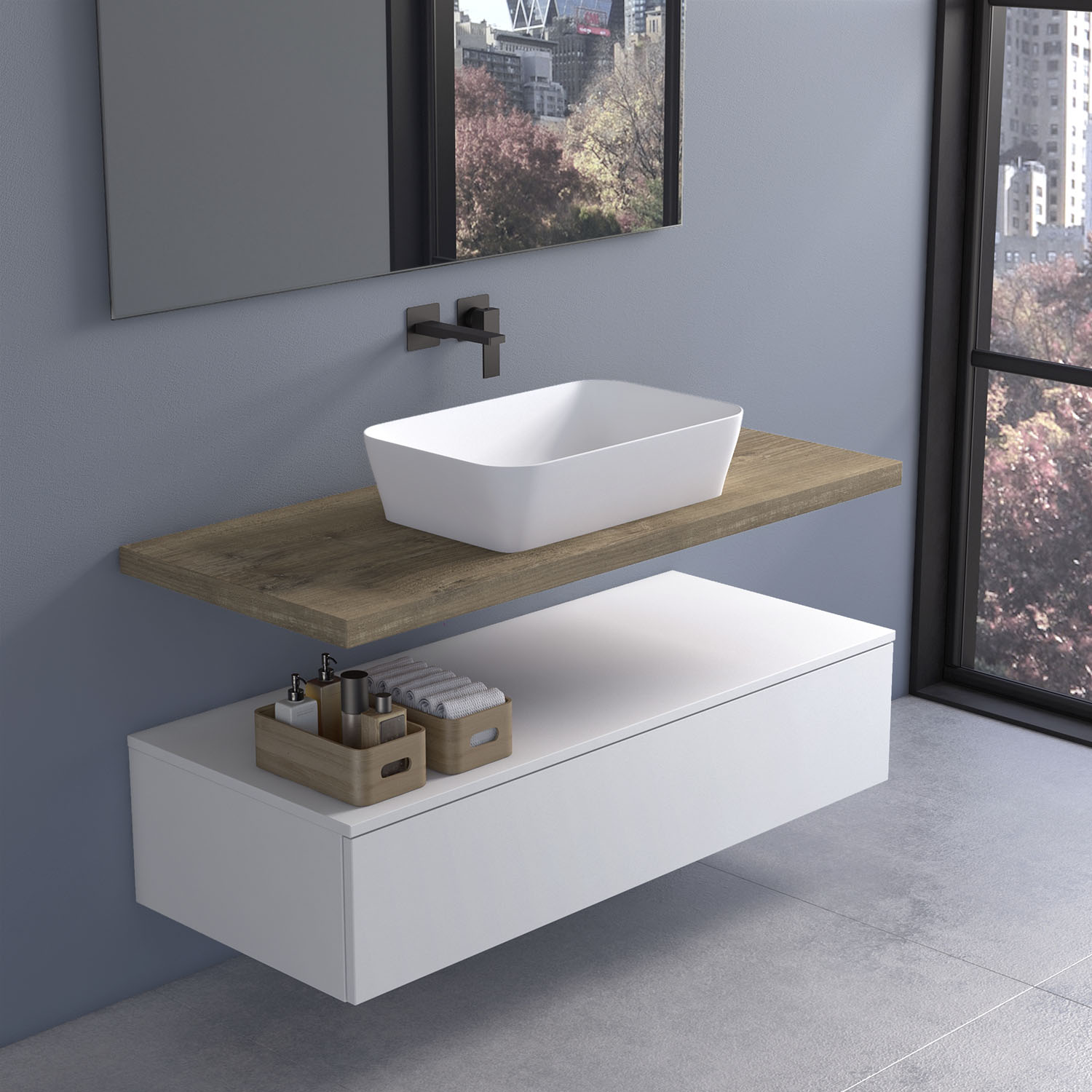 Top rovere sospeso e cassetto bianco da 60 a 160 cm
