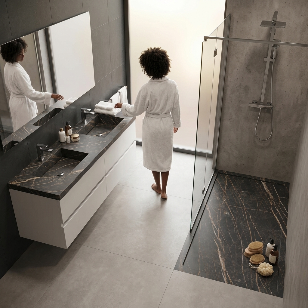 Bagno sospeso EVO con doppio lavabo, top e piatto doccia coordinati