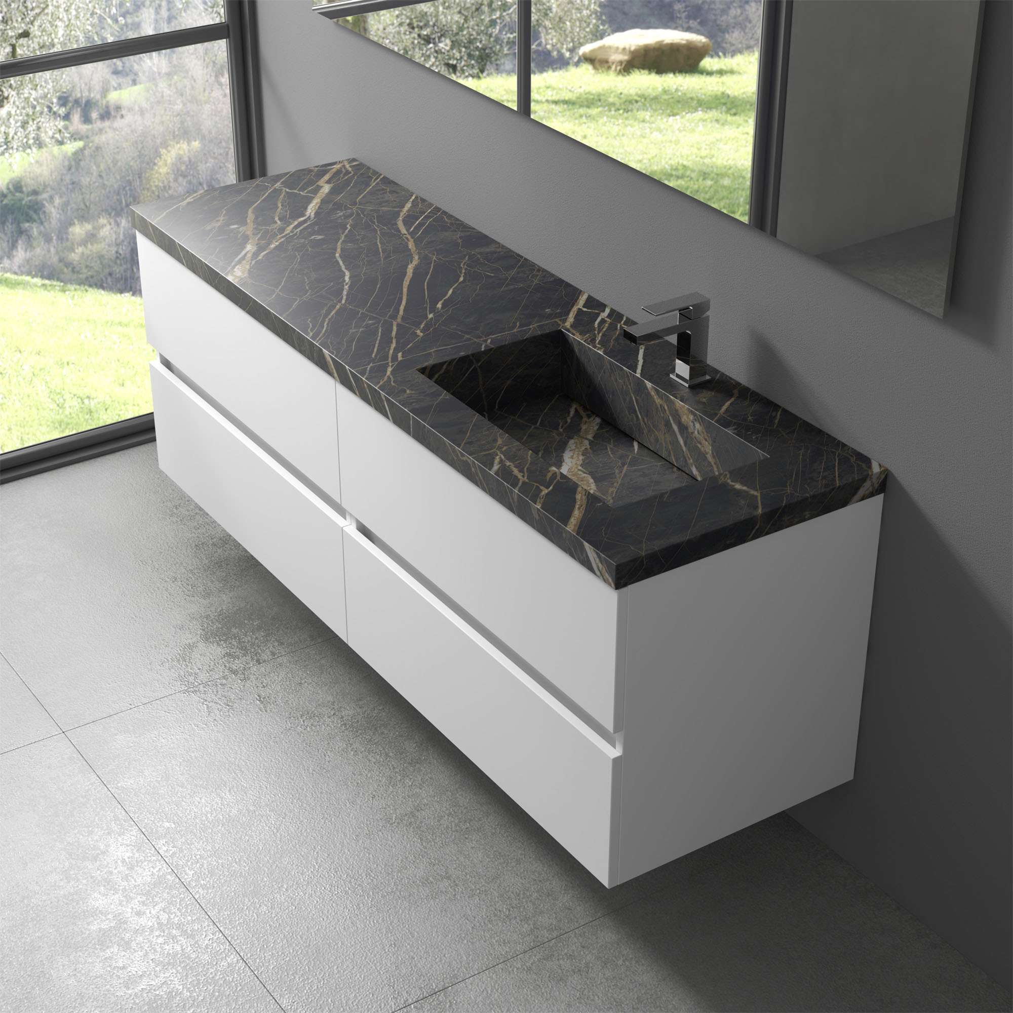 Bagno EVO con mobile sospeso, specchio e doppio lavabo