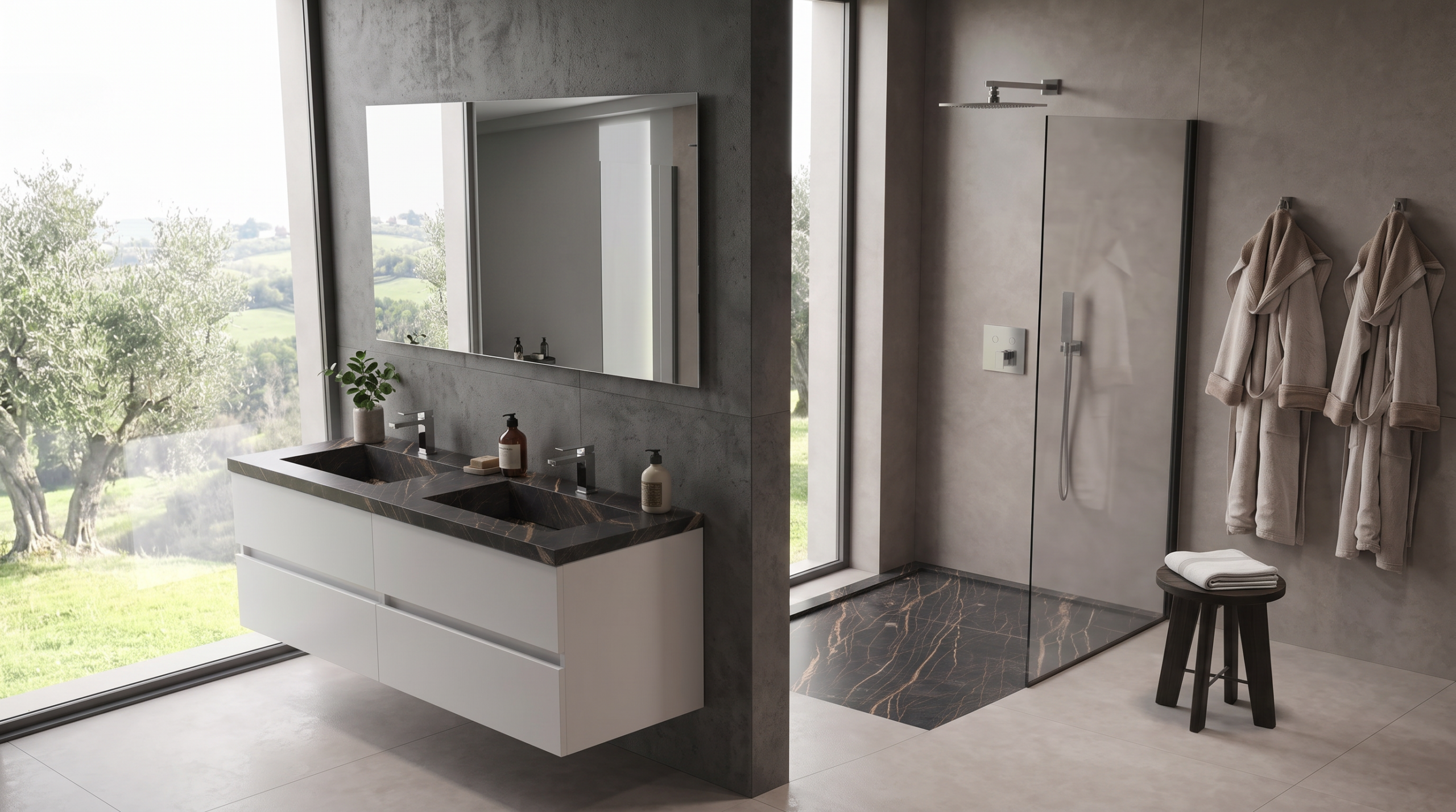Mobile bagno EVO Laminam con doppio lavabo e piatto doccia coordinato