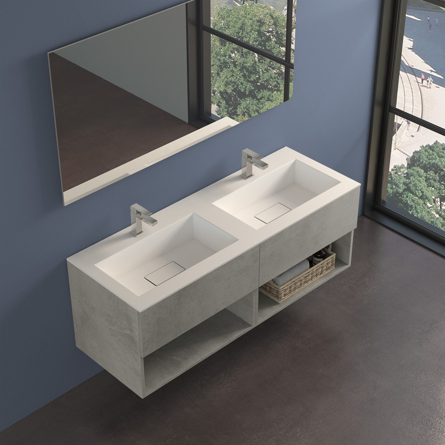Mobile bagno doppio lavabo 140 cm EVO con due vasche integrate e vani a giorno