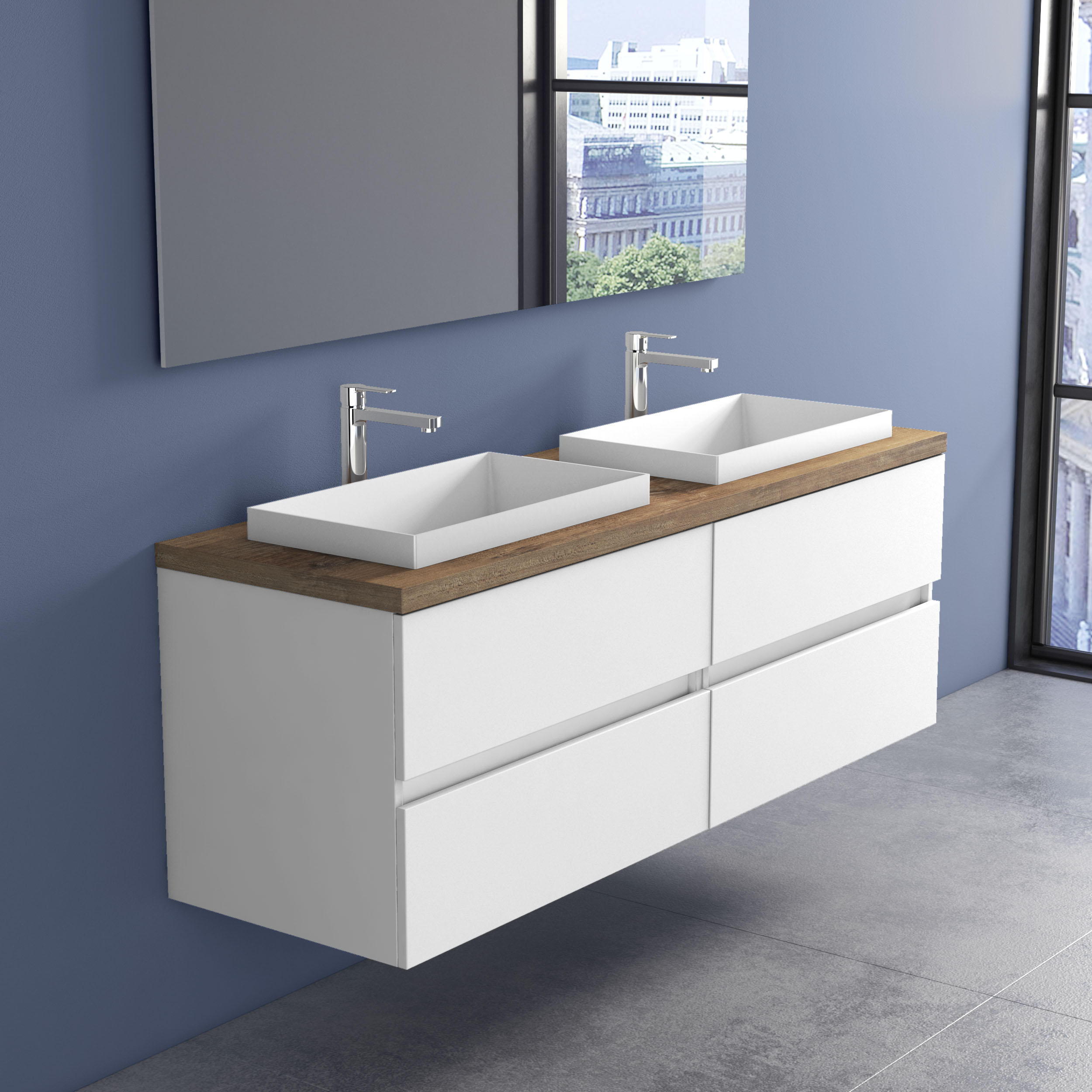 Mobile bagno doppio lavabo 160 cm EVO bianco con top rovere e due lavabi d'appoggio