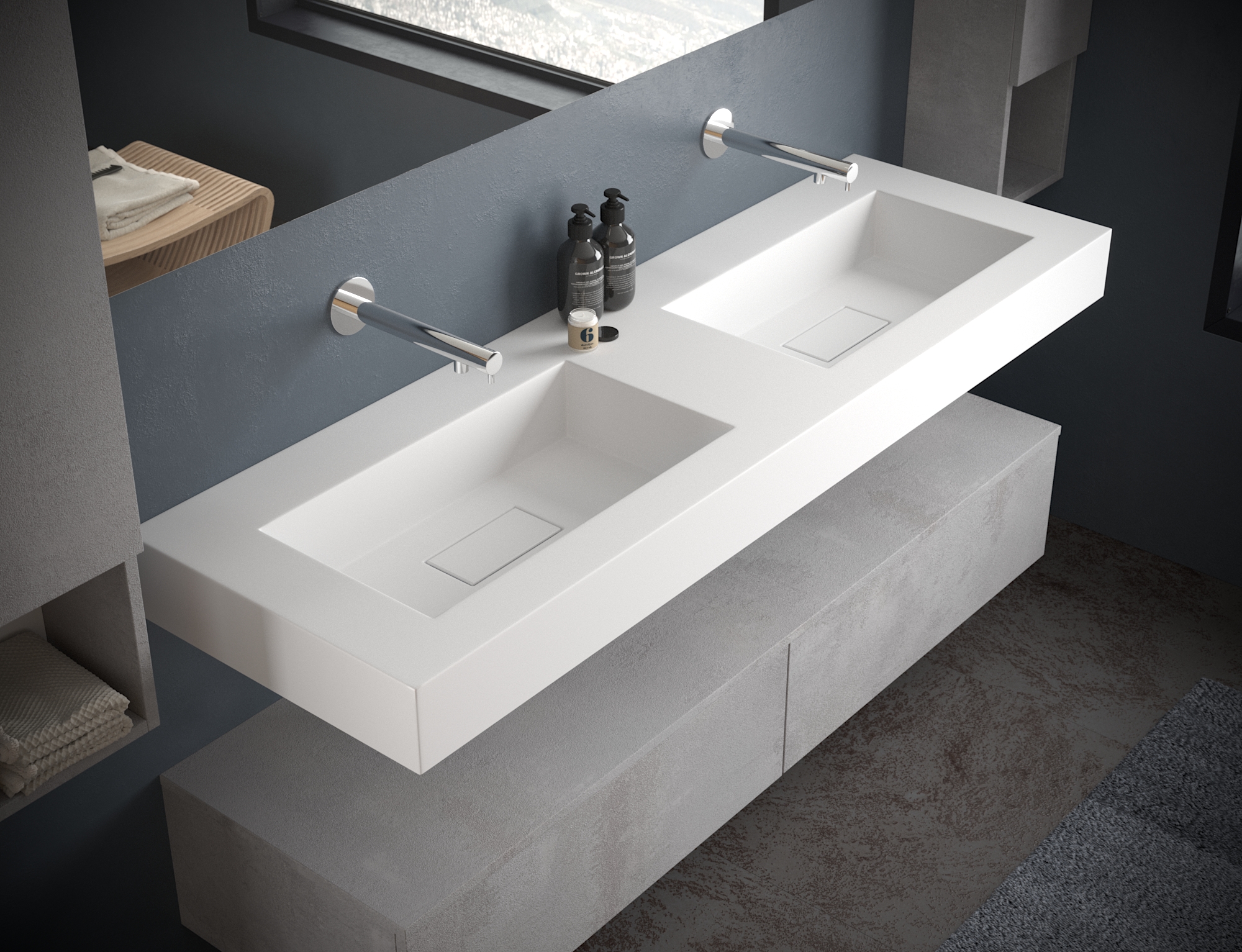 Mobile bagno doppio lavabo sospeso EVO con top bianco e rubinetteria a parete