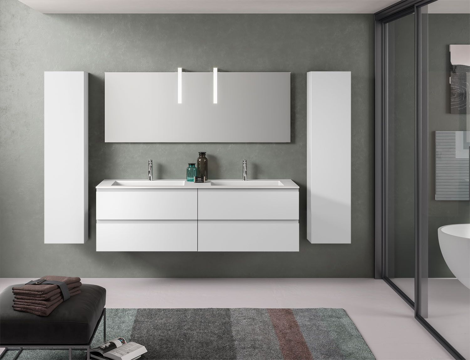 Mobile bagno doppio lavabo 160 cm IGUALINE bianco con colonne sospese coordinate