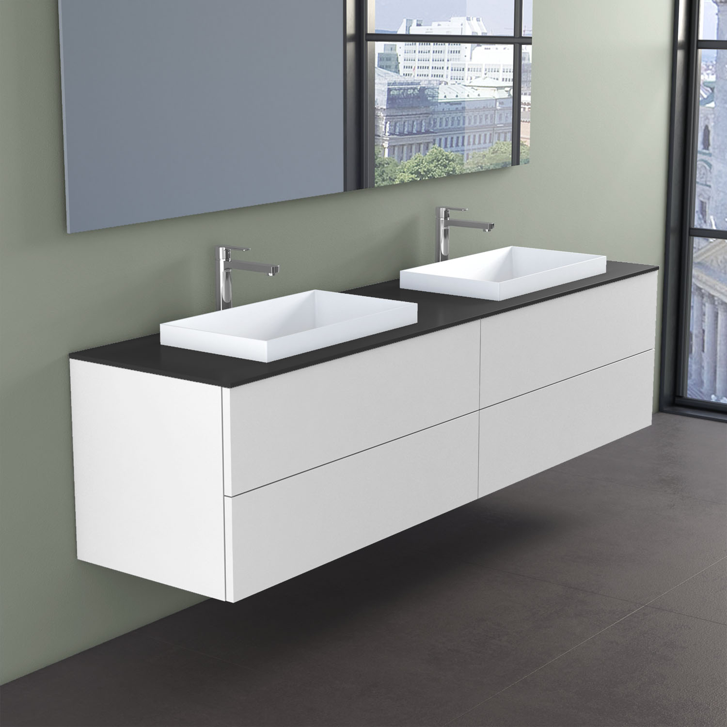 Mobile bagno doppio lavabo 200 cm LOUNGE bianco con top nero e due lavabi d'appoggio